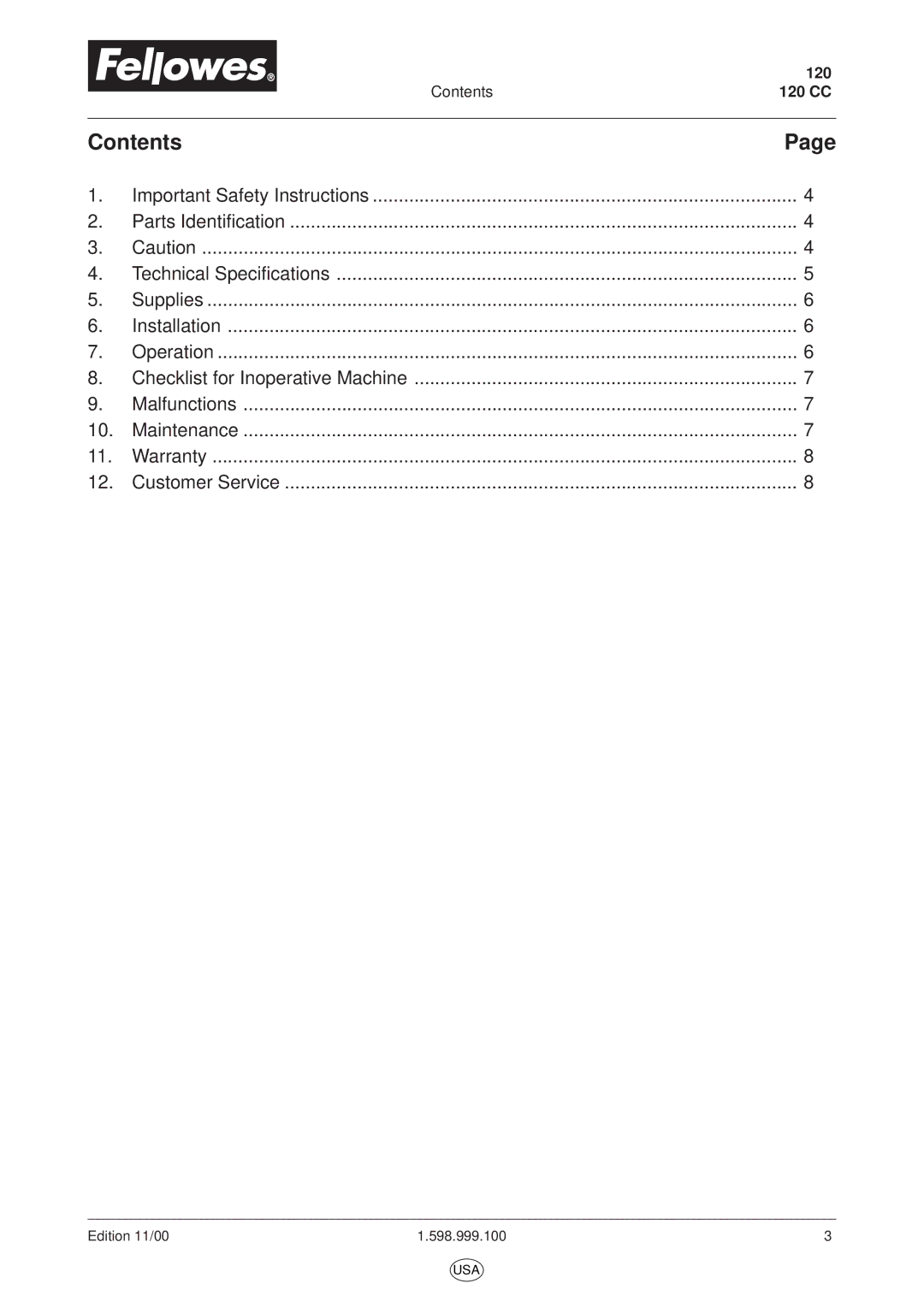 Fellowes 120CC manual Contents 