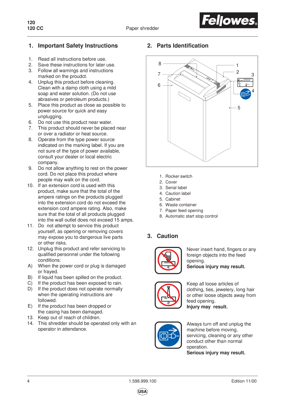 Fellowes 120CC manual Important Safety Instructions, Parts Identification, Serious injury may result, Injury may result 