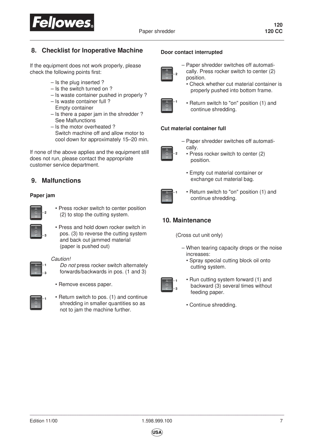 Fellowes 120CC manual Checklist for Inoperative Machine, Malfunctions, Maintenance, Door contact interrupted 