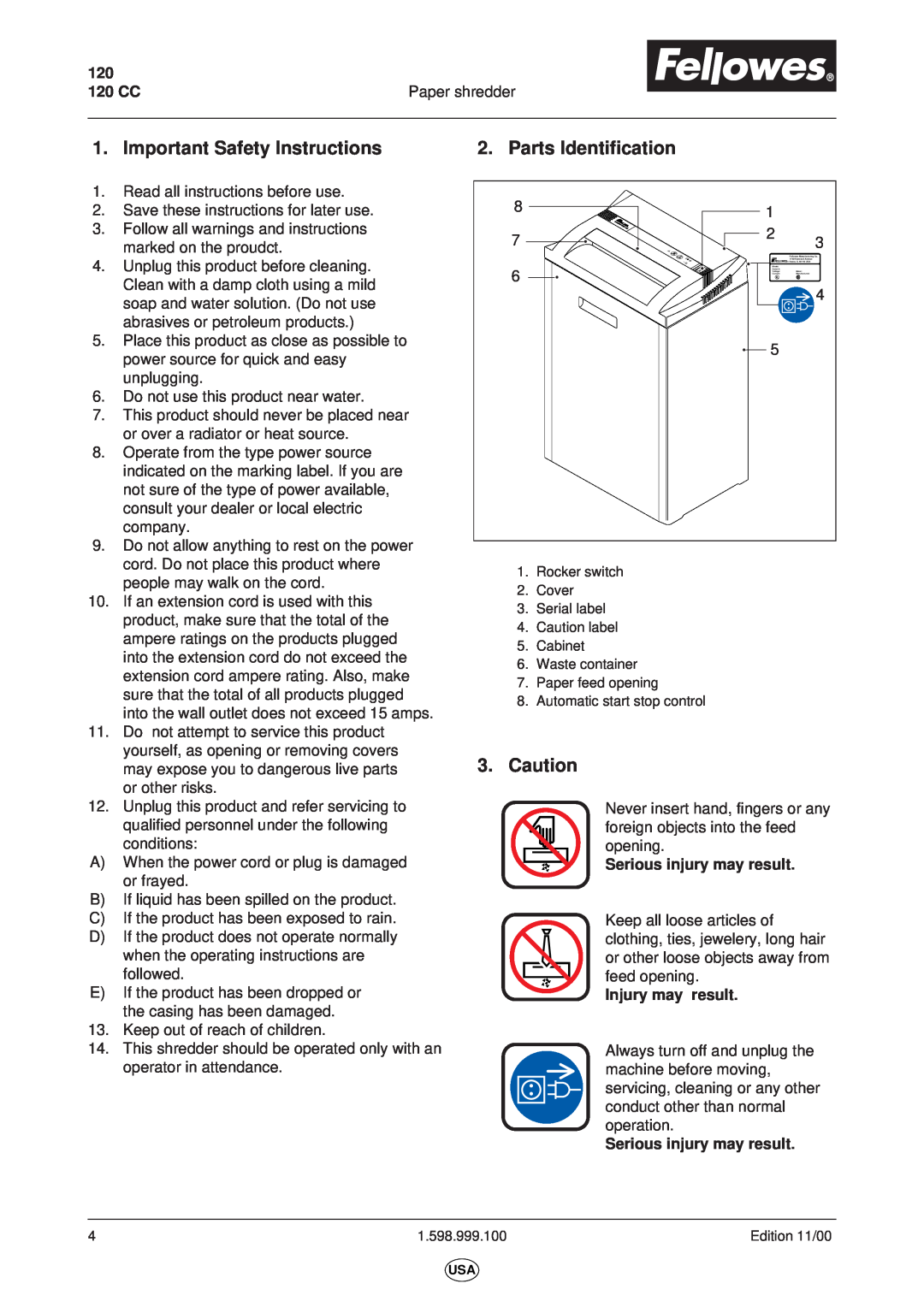 Fellowes 120CC Important Safety Instructions, Parts Identification, Caution, 120 CC, Paper shredder, Injury may result 