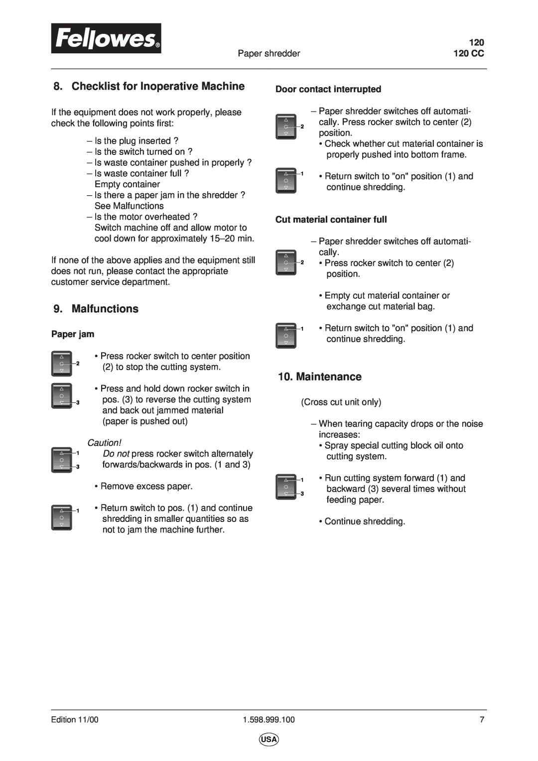 Fellowes Checklist for Inoperative Machine, Malfunctions, Maintenance, Paper shredder, 120 CC, Door contact interrupted 