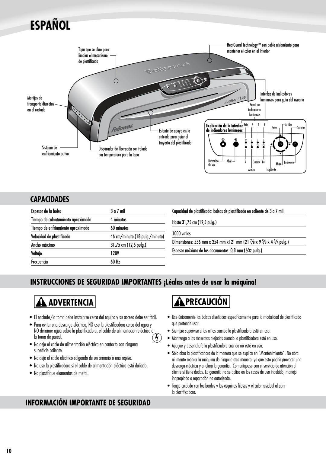 Fellowes 125 manual Español, Capacidades 