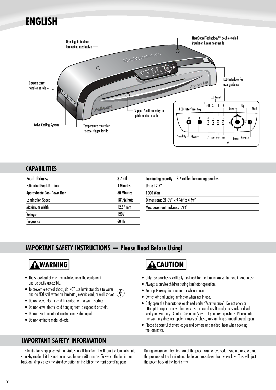 Fellowes 125 English, Capabilities, IMPORTANT SAFETY INSTRUCTIONS Please Read Before Using, Important Safety Information 