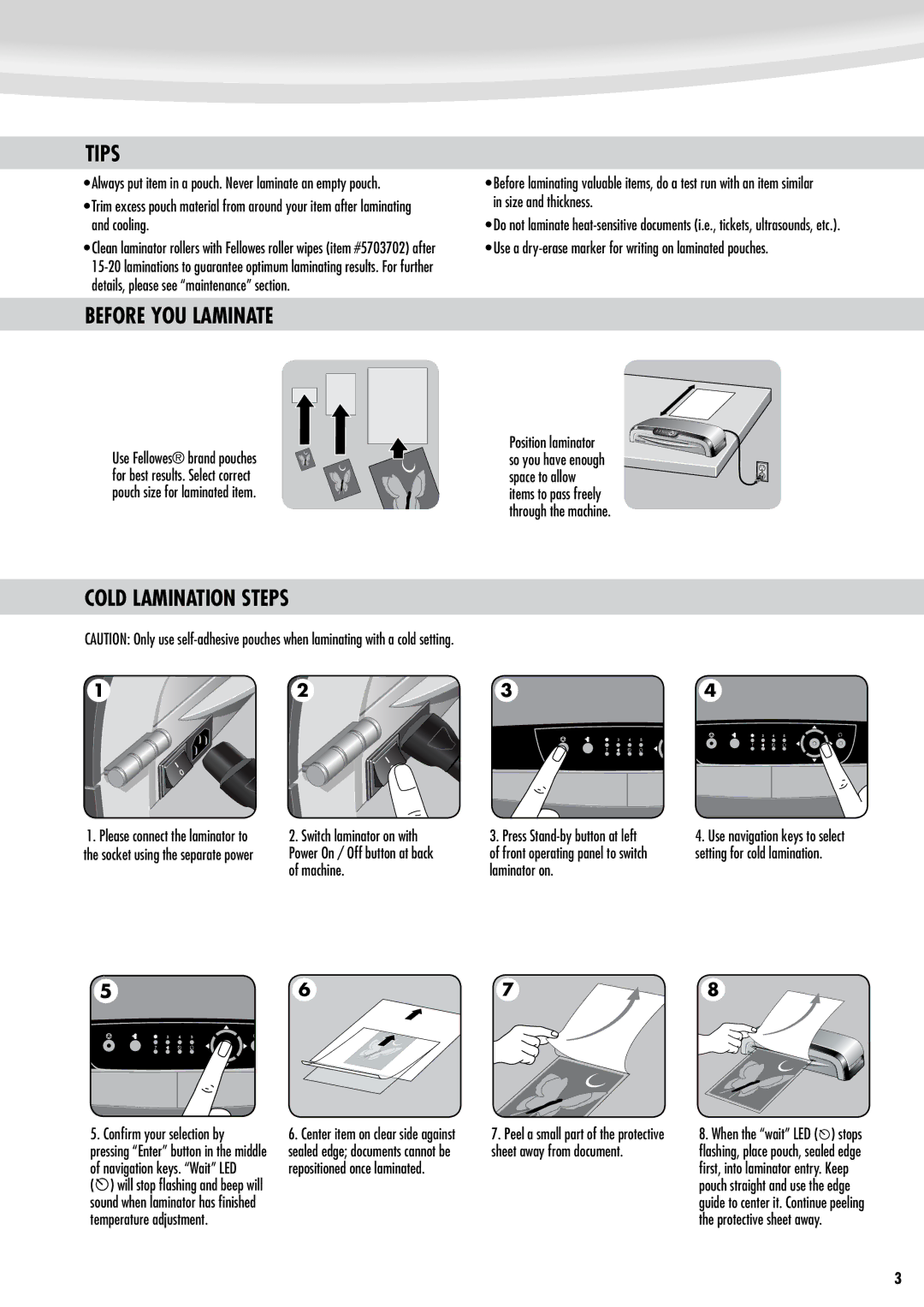 Fellowes 125 Tips, Before YOU Laminate, Cold Lamination Steps, Use a dry-erase marker for writing on laminated pouches 