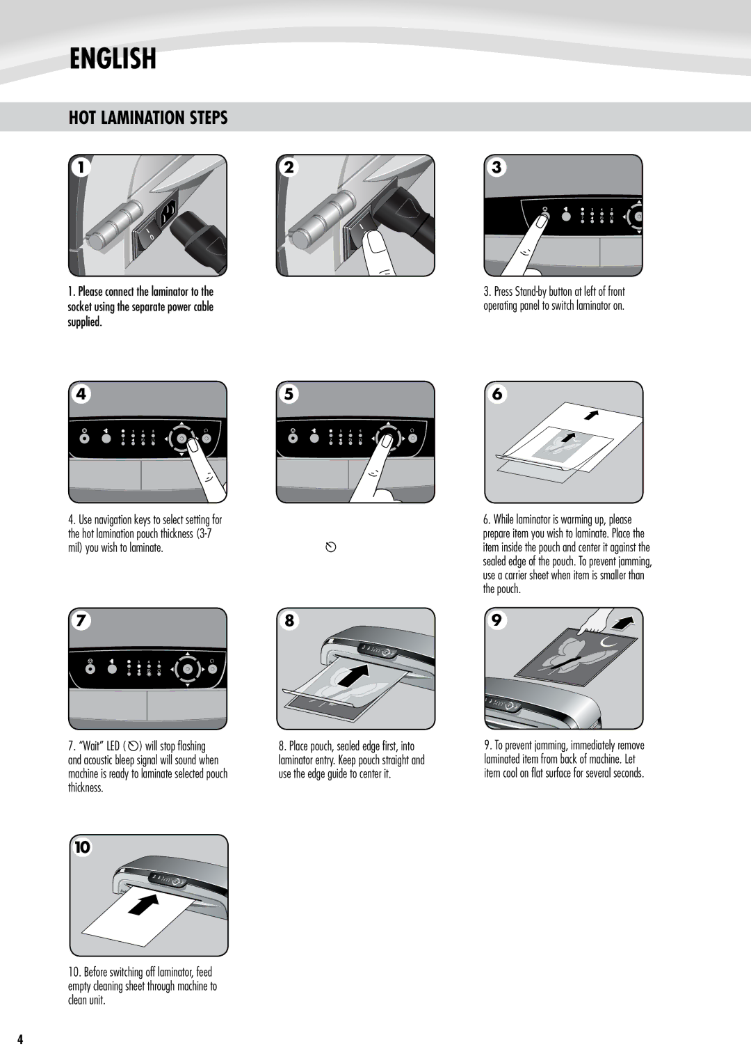 Fellowes 125 manual HOT Lamination Steps, Please connect the laminator to, Socket using the separate power cable, Supplied 