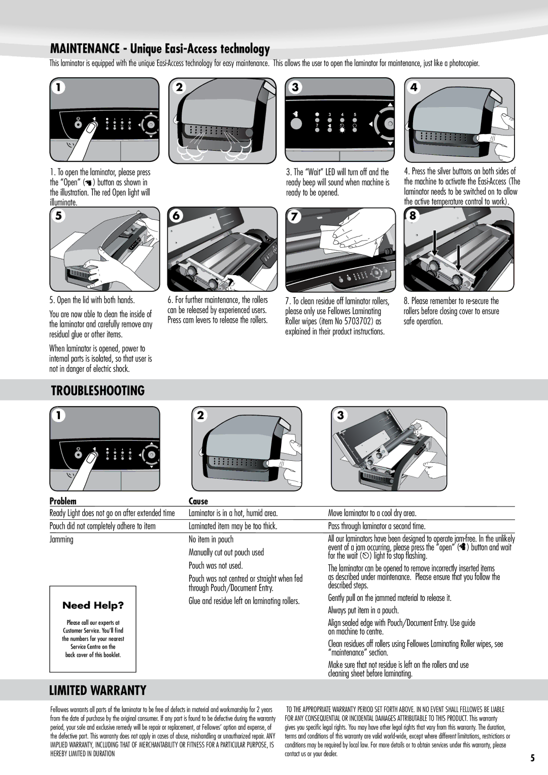 Fellowes 125 manual Maintenance Unique Easi-Access technology, Limited Warranty, Problem, Need Help? 