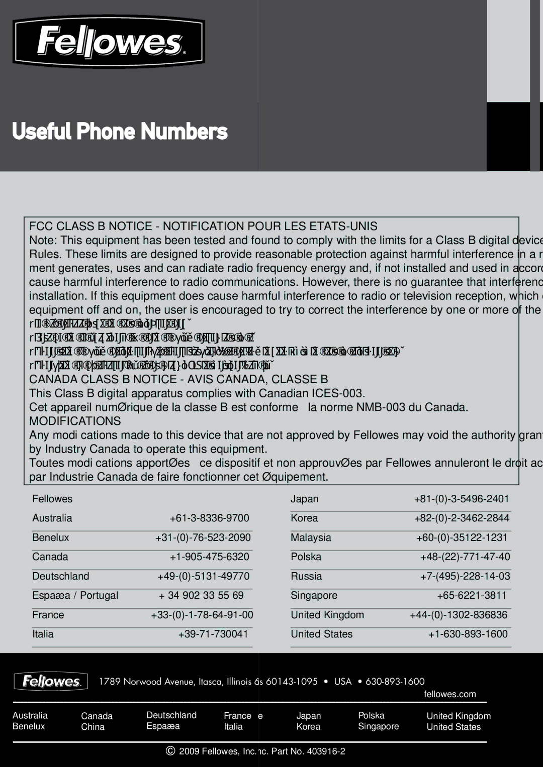 Fellowes 125 manual FCC Class B Notice Notification Pour LES ETATS-UNIS 