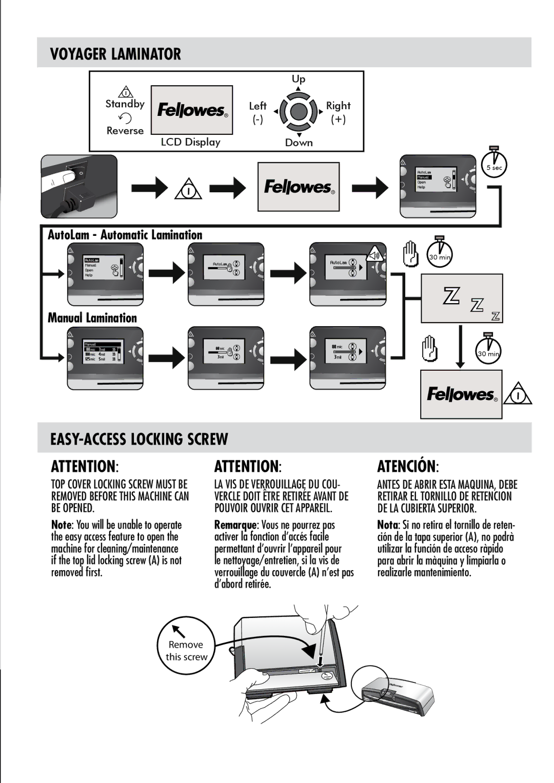 Fellowes 125 manual Voyager Laminator, EASY-ACCESS Locking Screw, Atención 