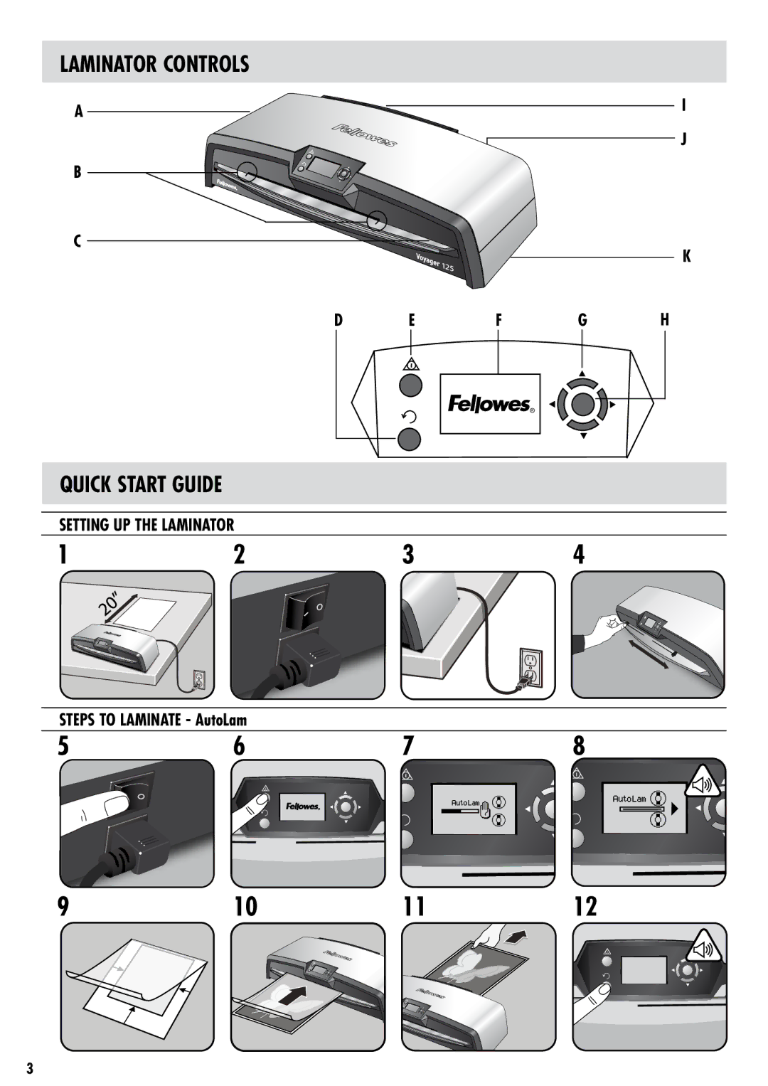 Fellowes 125 manual Laminator Controls, Quick Start Guide, Steps to Laminate AutoLam 