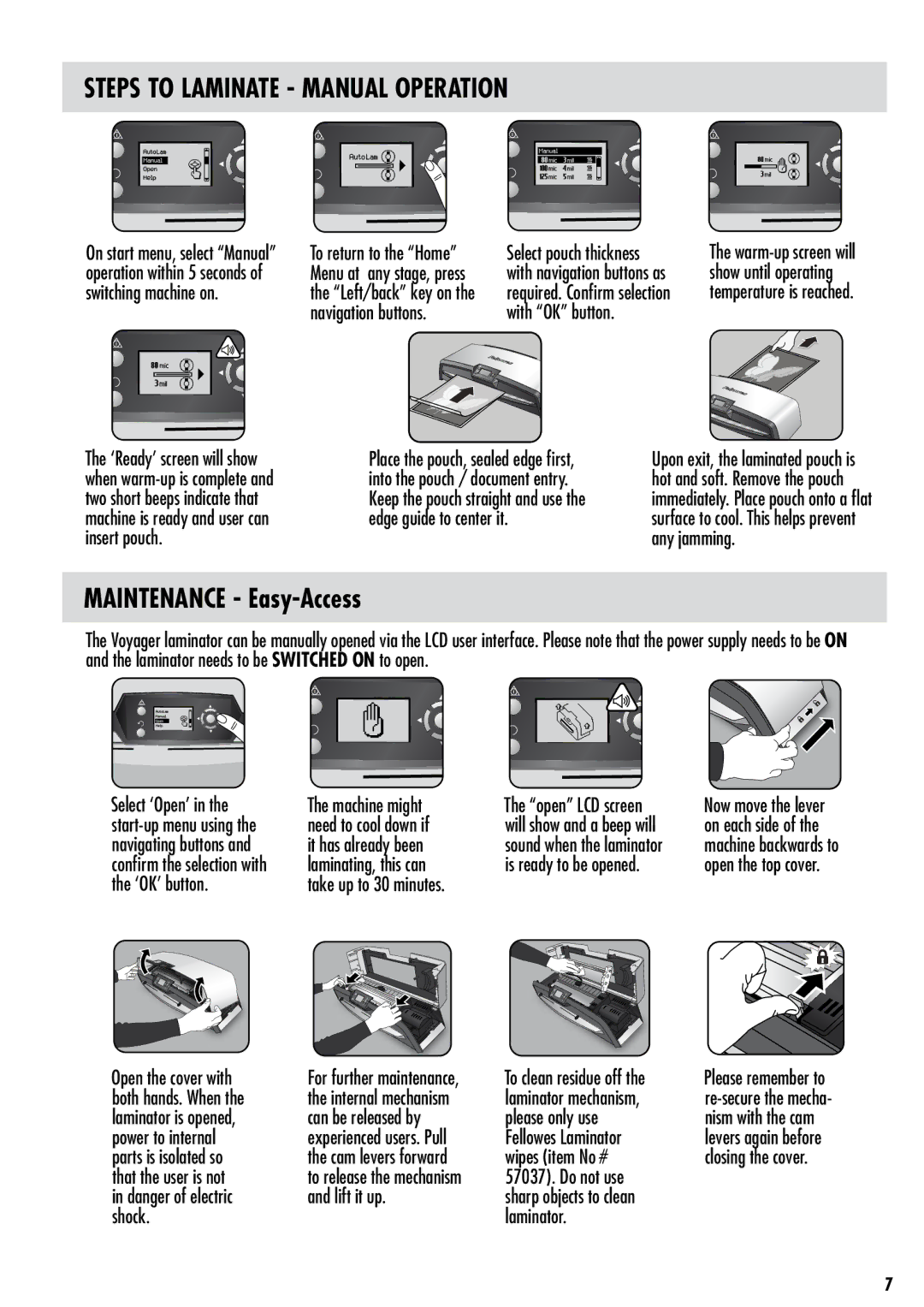 Fellowes 125 manual Steps to Laminate Manual Operation, Maintenance Easy-Access 