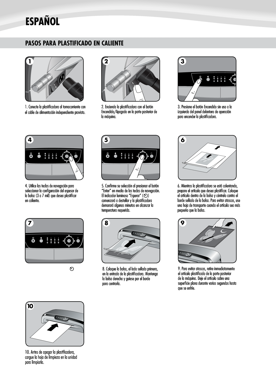 Fellowes 125 manual Pasos Para Plastificado En Caliente, Español, la máquina 
