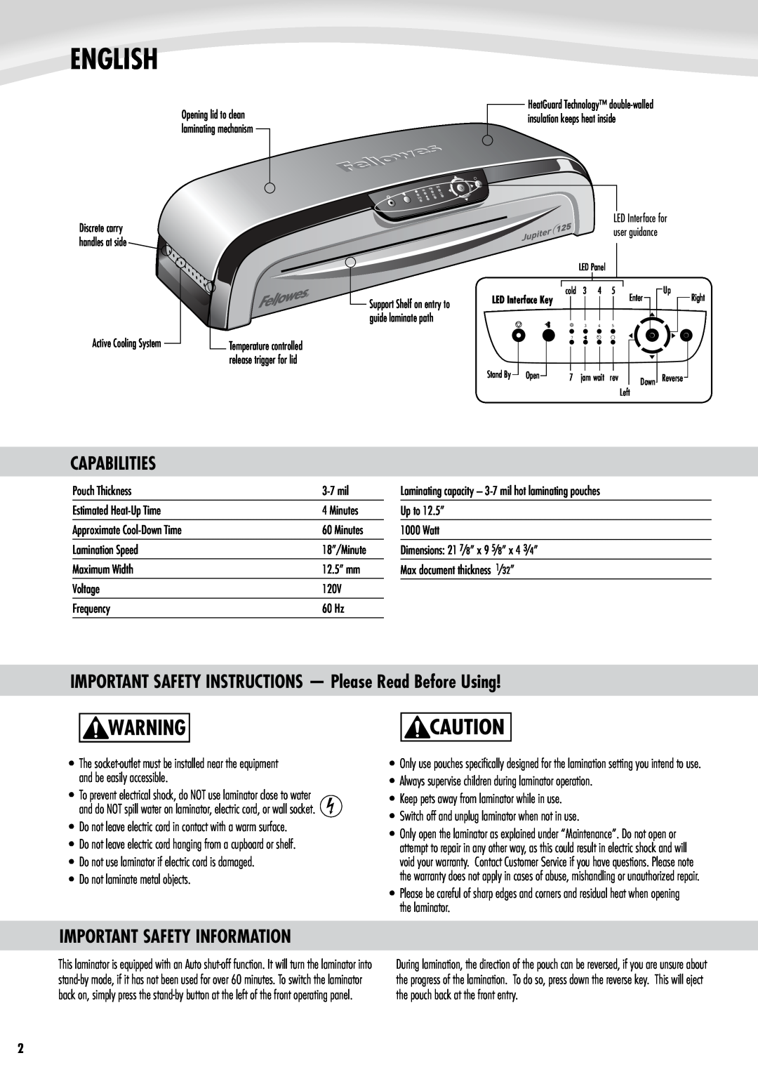 Fellowes 125 English, Capabilities, IMPORTANT SAFETY INSTRUCTIONS - Please Read Before Using, Important Safety Information 