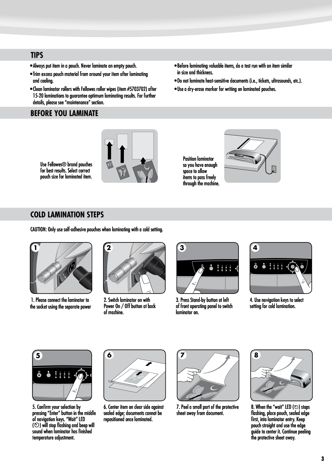 Fellowes 125 manual Tips, Before You Laminate, Cold Lamination Steps 