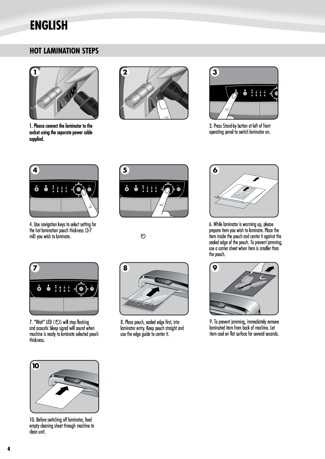Fellowes 125 Hot Lamination Steps, English, Please connect the laminator to the, socket using the separate power cable 