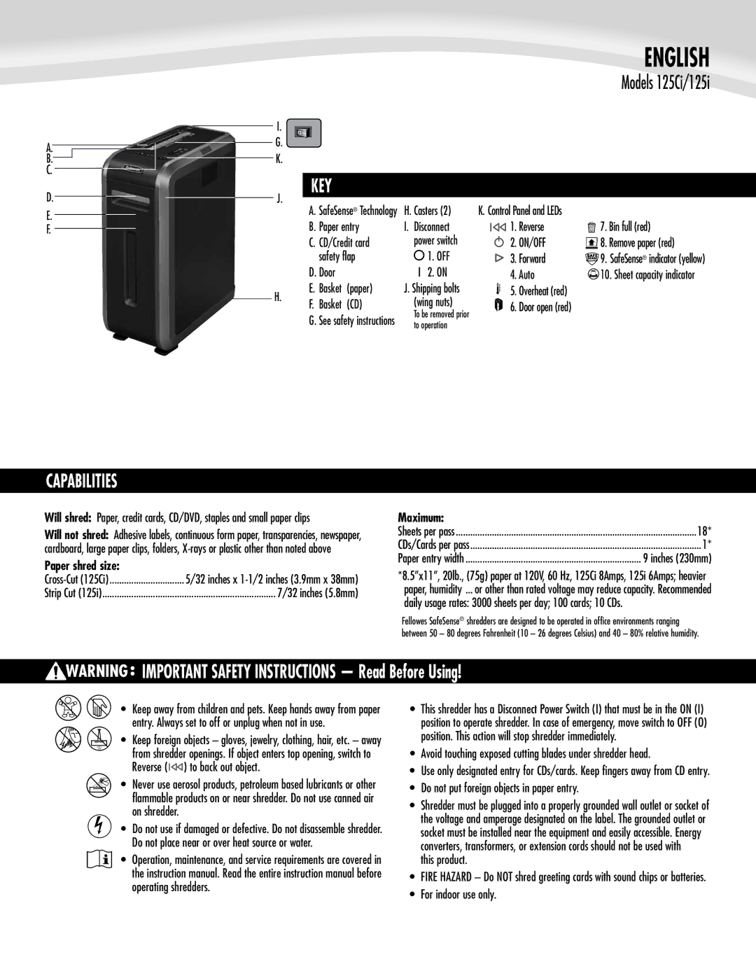 Fellowes 125Ci / 125i manual Capabilities, IMPORTANT SAFETY INSTRUCTIONS Read Before Using 