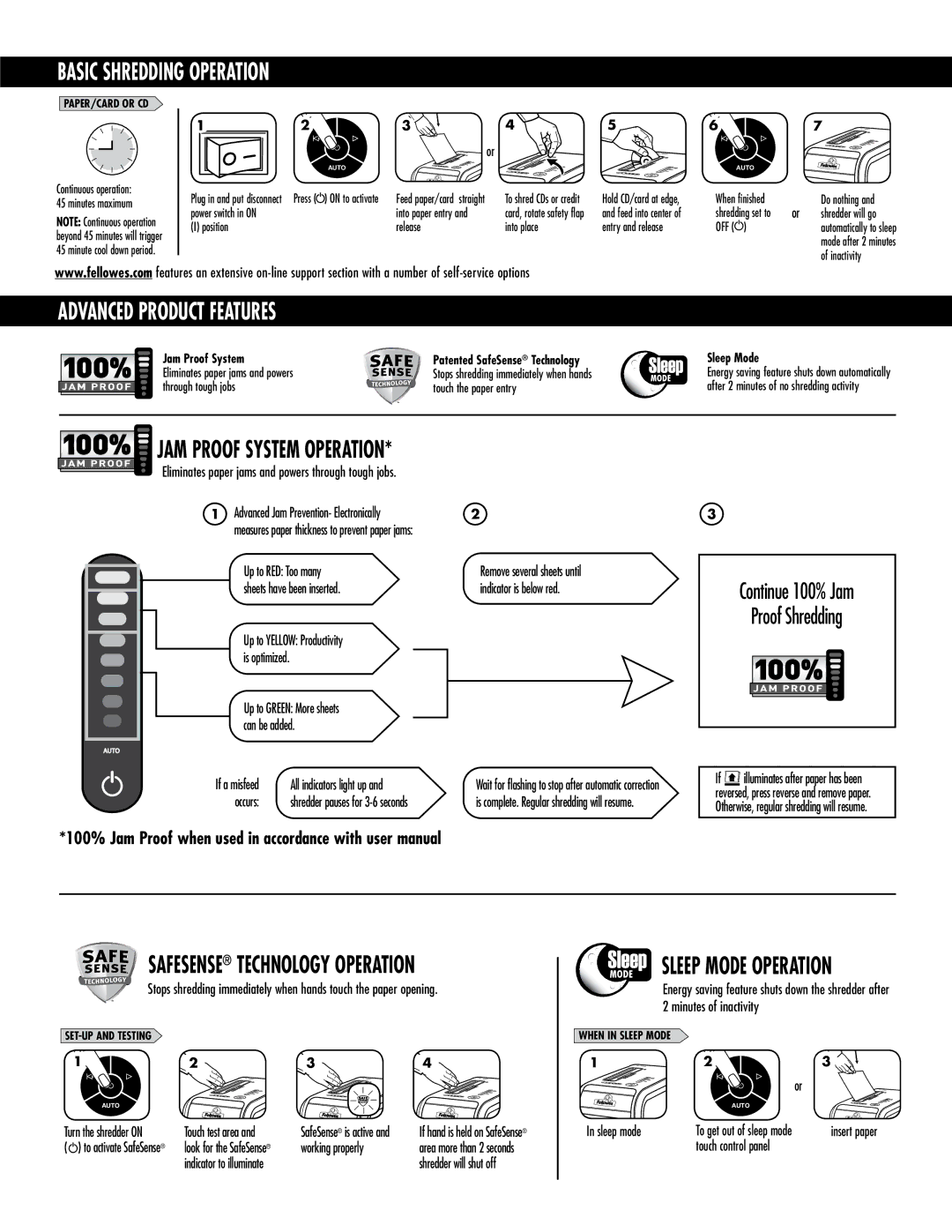 Fellowes 125Ci / 125i manual Basic Shredding Operation, Advanced product features, JAM Proof System Operation 