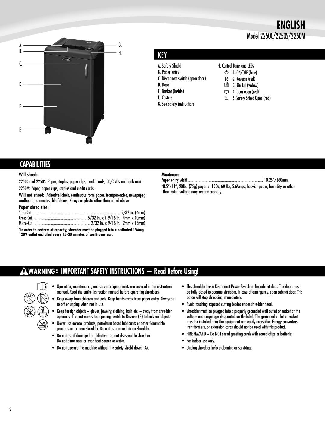 Fellowes manual English, Capabilities, Model 2250C/2250S/2250M 