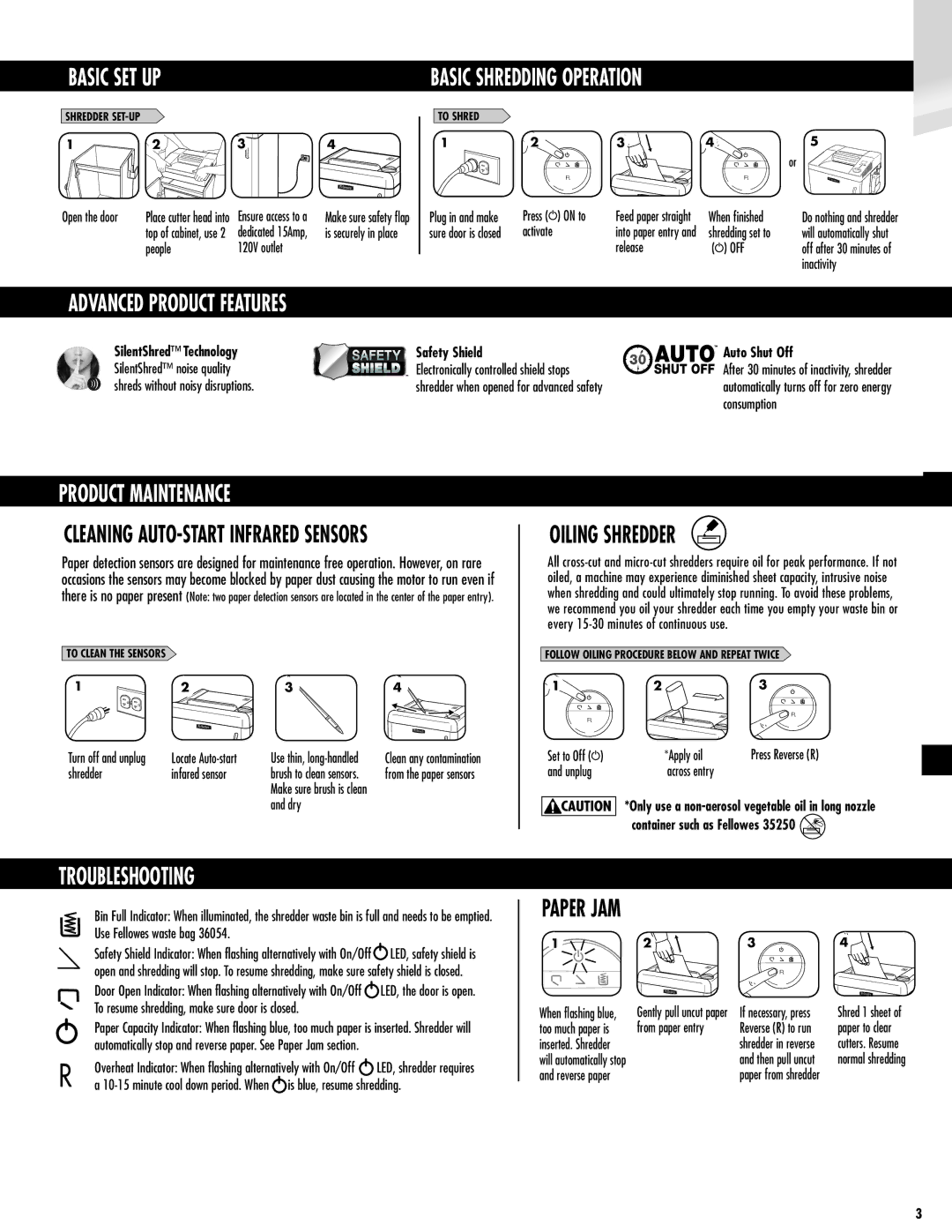 Fellowes 2250C/2250S/2250M Basic SET UP Basic Shredding Operation, Product Maintenance, Oiling Shredder, Troubleshooting 