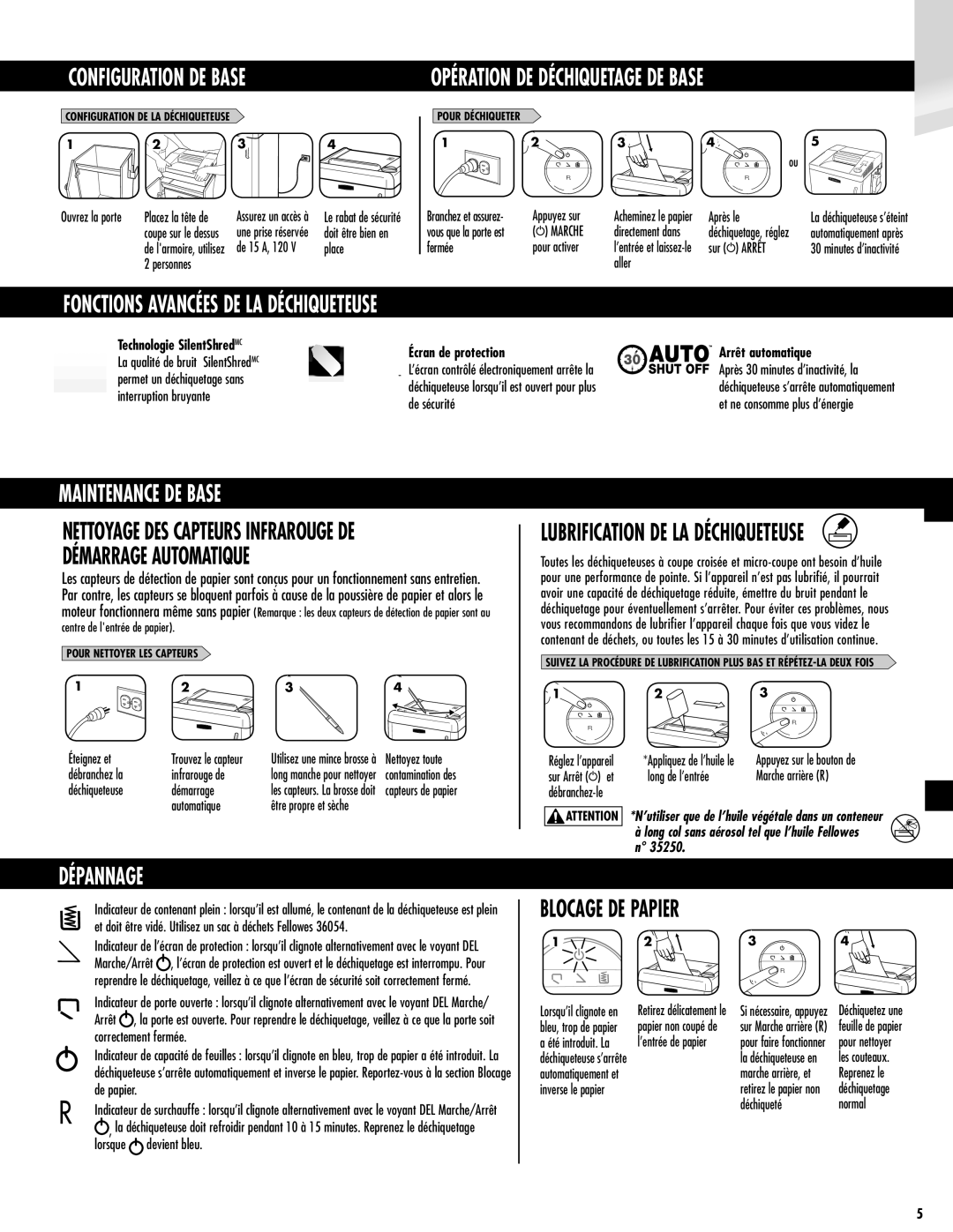 Fellowes 2250C/2250S/2250M manual Configuration DE Base Opération DE Déchiquetage DE Base, Maintenance DE Base, Dépannage 