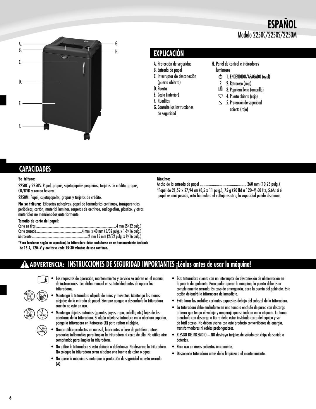 Fellowes manual Español, Explicación, Capacidades, Modelo 2250C/2250S/2250M 