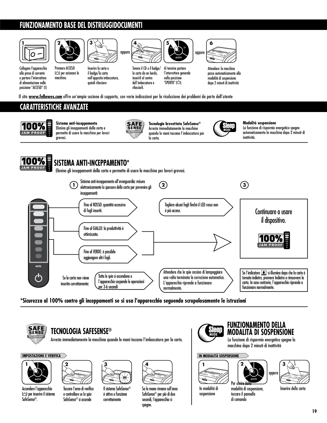 Fellowes 225Ci/225i manual Caratteristiche avanzate, Sistema ANTI-INCEPPAMENTO, Tecnologia Safesense 