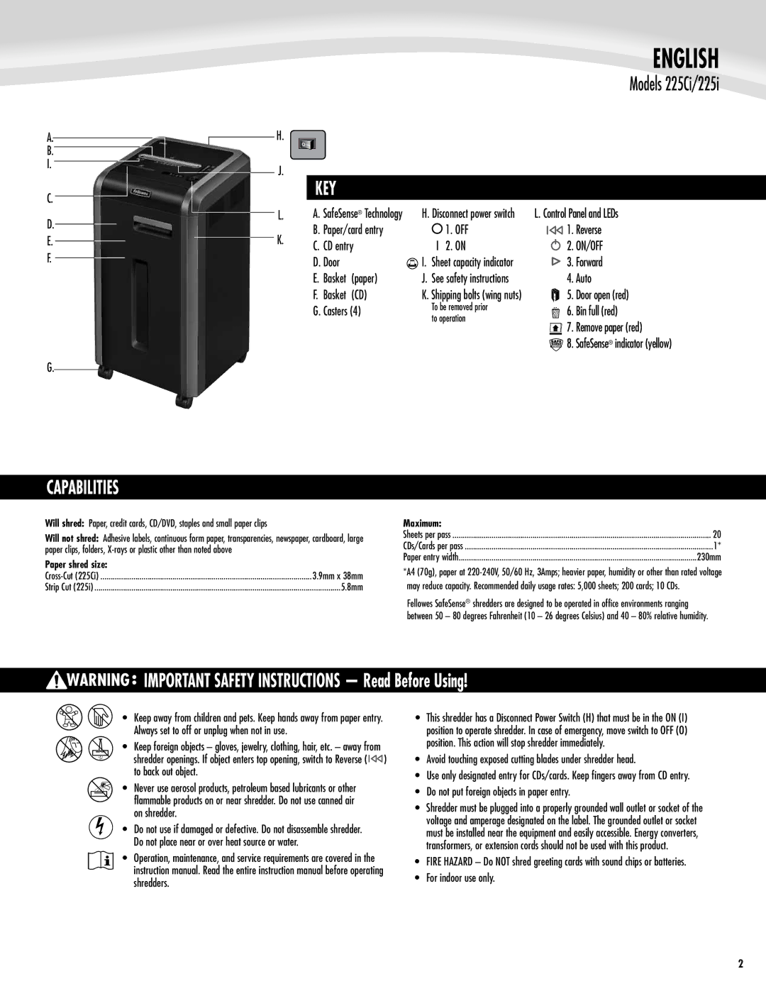 Fellowes 225Ci/225i manual English, Key, Capabilities, IMPORTANT SAFETY INSTRUCTIONS Read Before Using, On/Off 