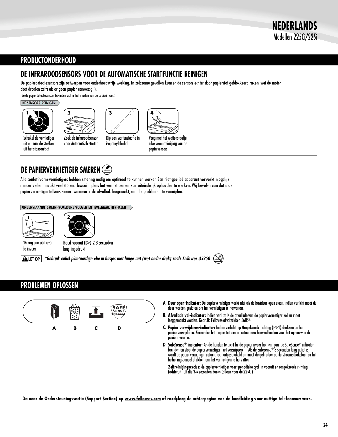 Fellowes 225Ci/225i manual Nederlands, Productonderhoud, DE Papiervernietiger Smeren 