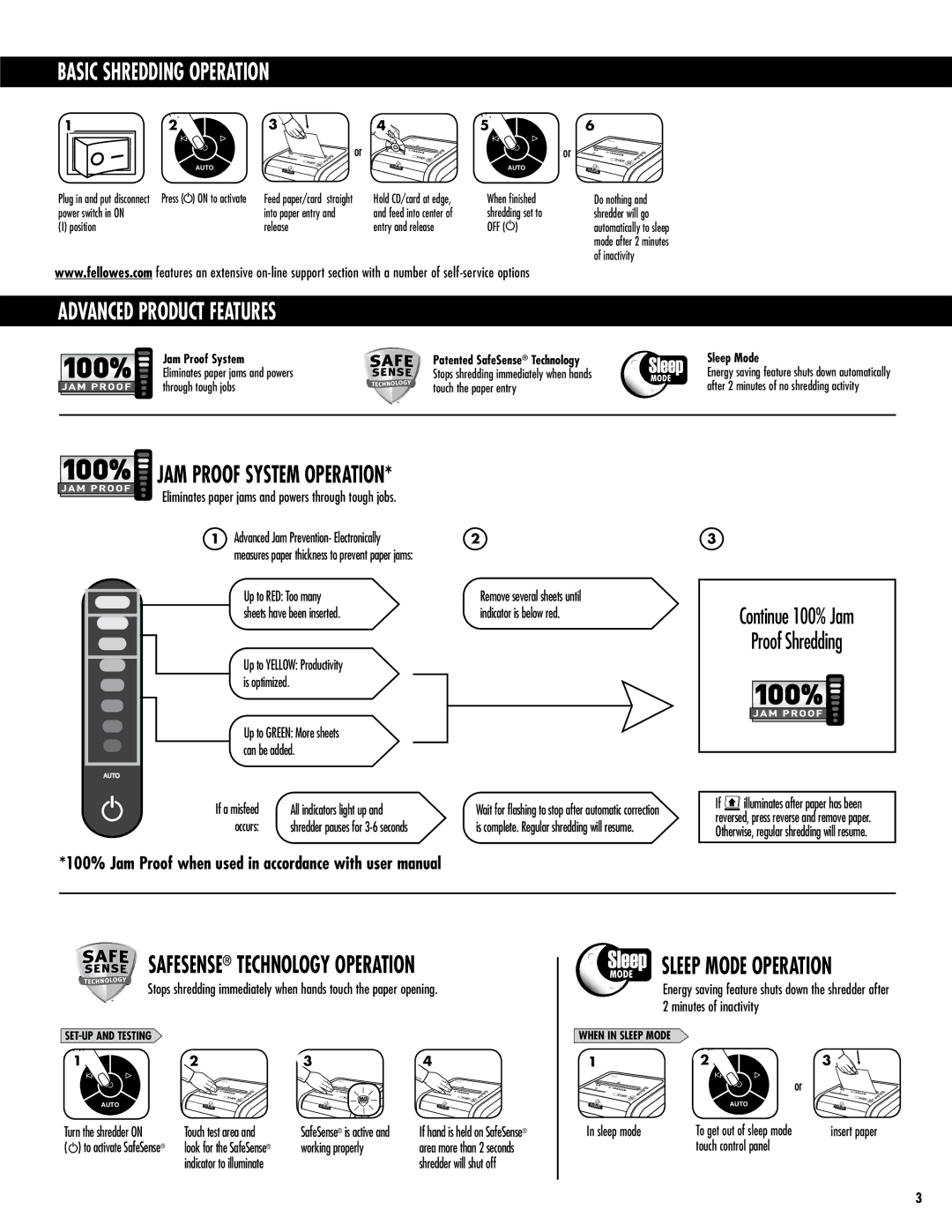 Fellowes 225Ci/225i manual Basic Shredding Operation, Advanced product features, JAM Proof System Operation 