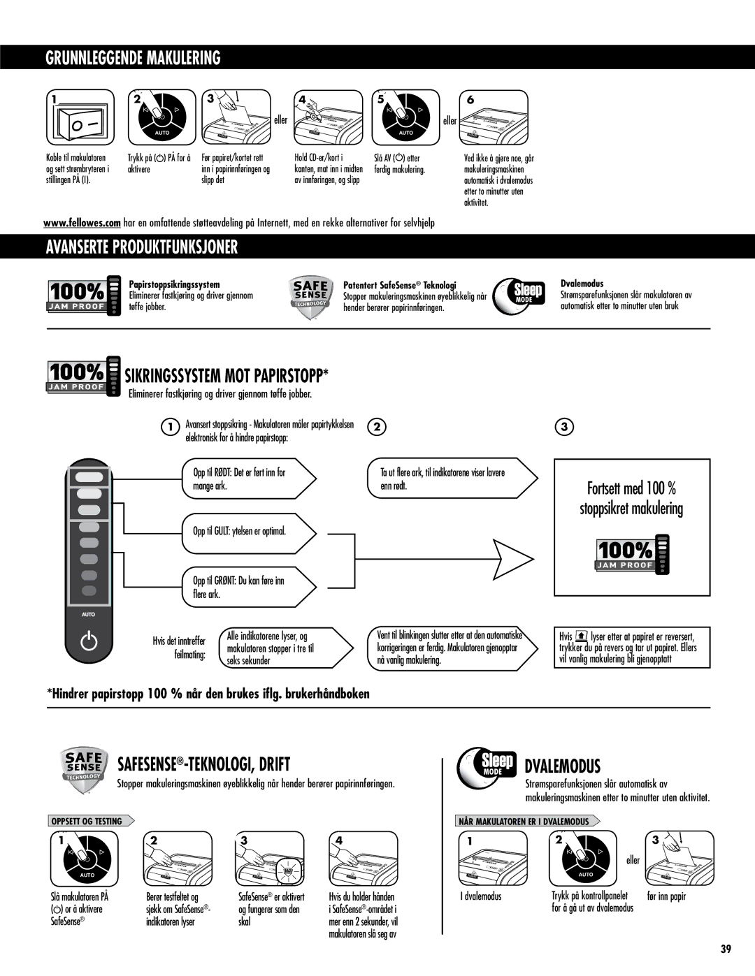 Fellowes 225Ci/225i manual Grunnleggende Makulering, Avanserte produktfunksjoner, SAFESENSE-TEKNOLOGI, Drift, Dvalemodus 