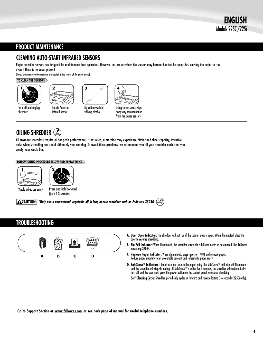 Fellowes 225Ci/225i manual Product Maintenance, Cleaning Auto-Start Infrared Sensors, Oiling Shredder 