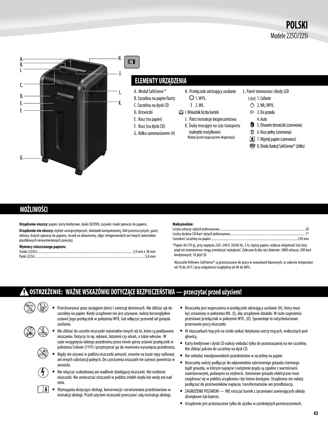 Fellowes 225Ci/225i manual Polski, Elementy Urządzenia, Możliwości 