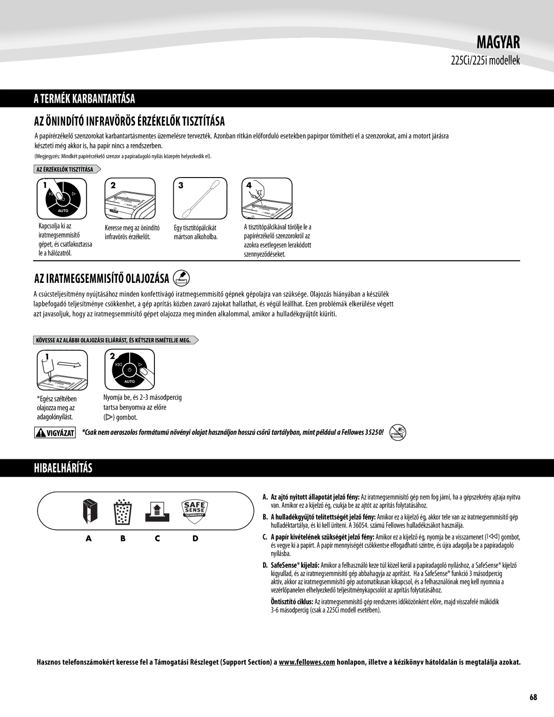 Fellowes 225Ci/225i manual Magyar, Termék Karbantartása, Az önindító infravörös érzékelők tisztítása 