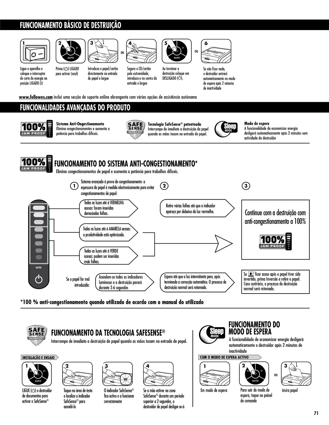 Fellowes 225Ci/225i manual Funcionamento Básico DE Destruição, Funcionamento do Sistema ANTI-CONGESTIONAMENTO 