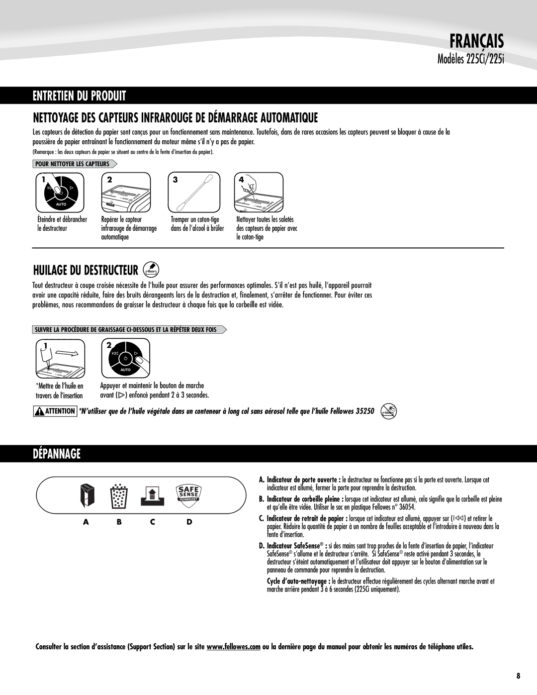 Fellowes 225Ci/225i manual Français, Entretien DU Produit, Nettoyage des capteurs infrarouge de démarrage automatique 