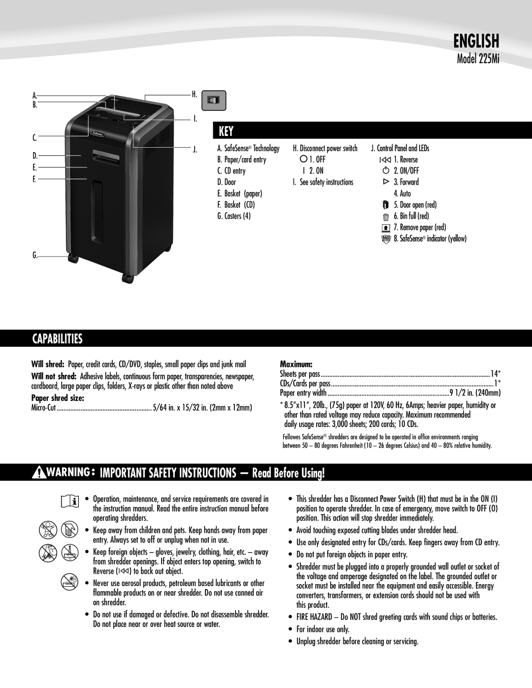 Fellowes 225Mi manual English, Capabilities 