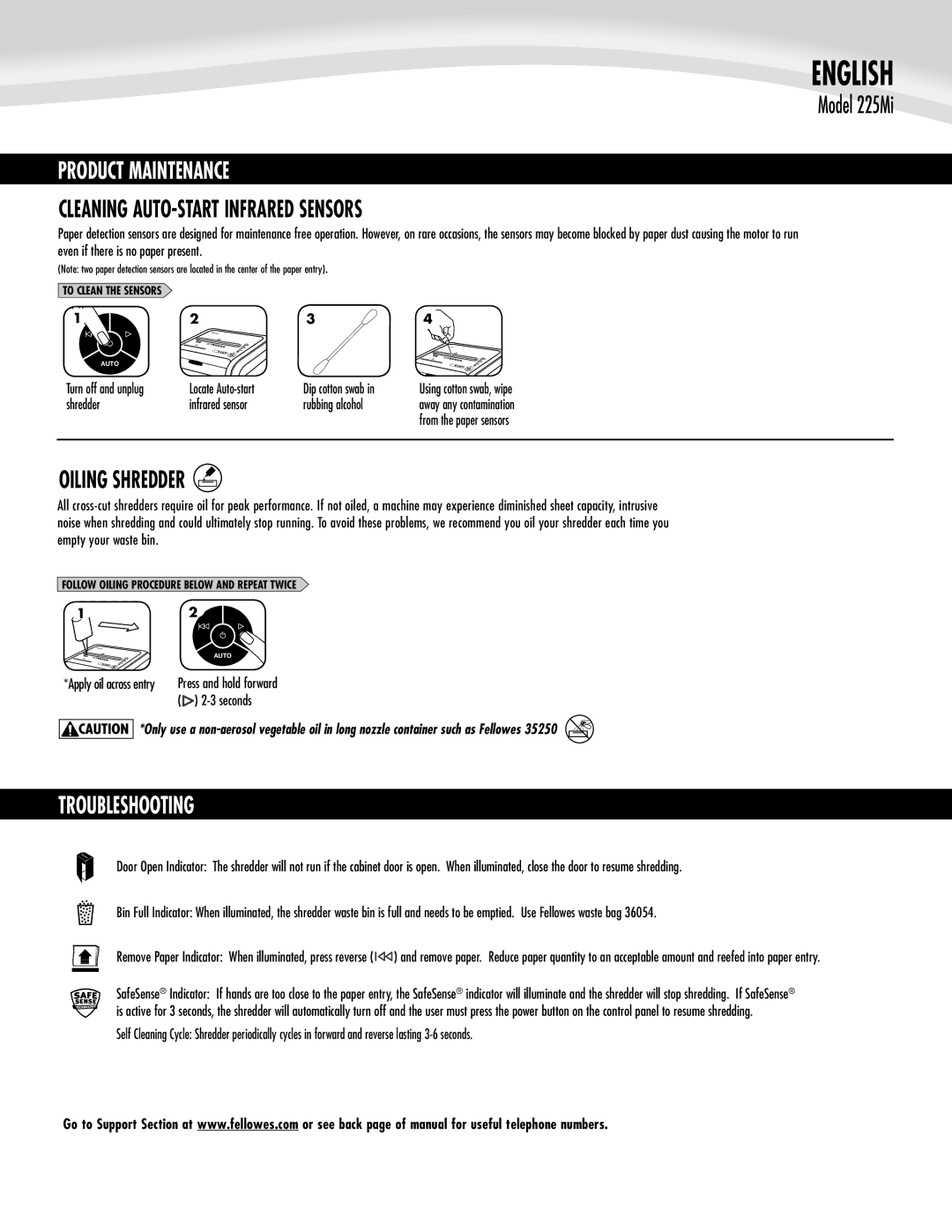 Fellowes 225Mi manual Product Maintenance, Cleaning AUTO-START Infrared Sensors, Oiling Shredder 