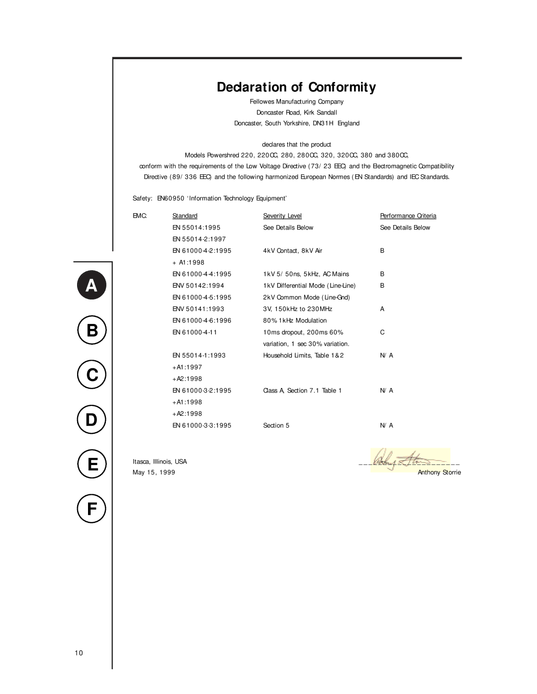 Fellowes 380CC, 280CC, 320CC operating instructions Declaration of Conformity 