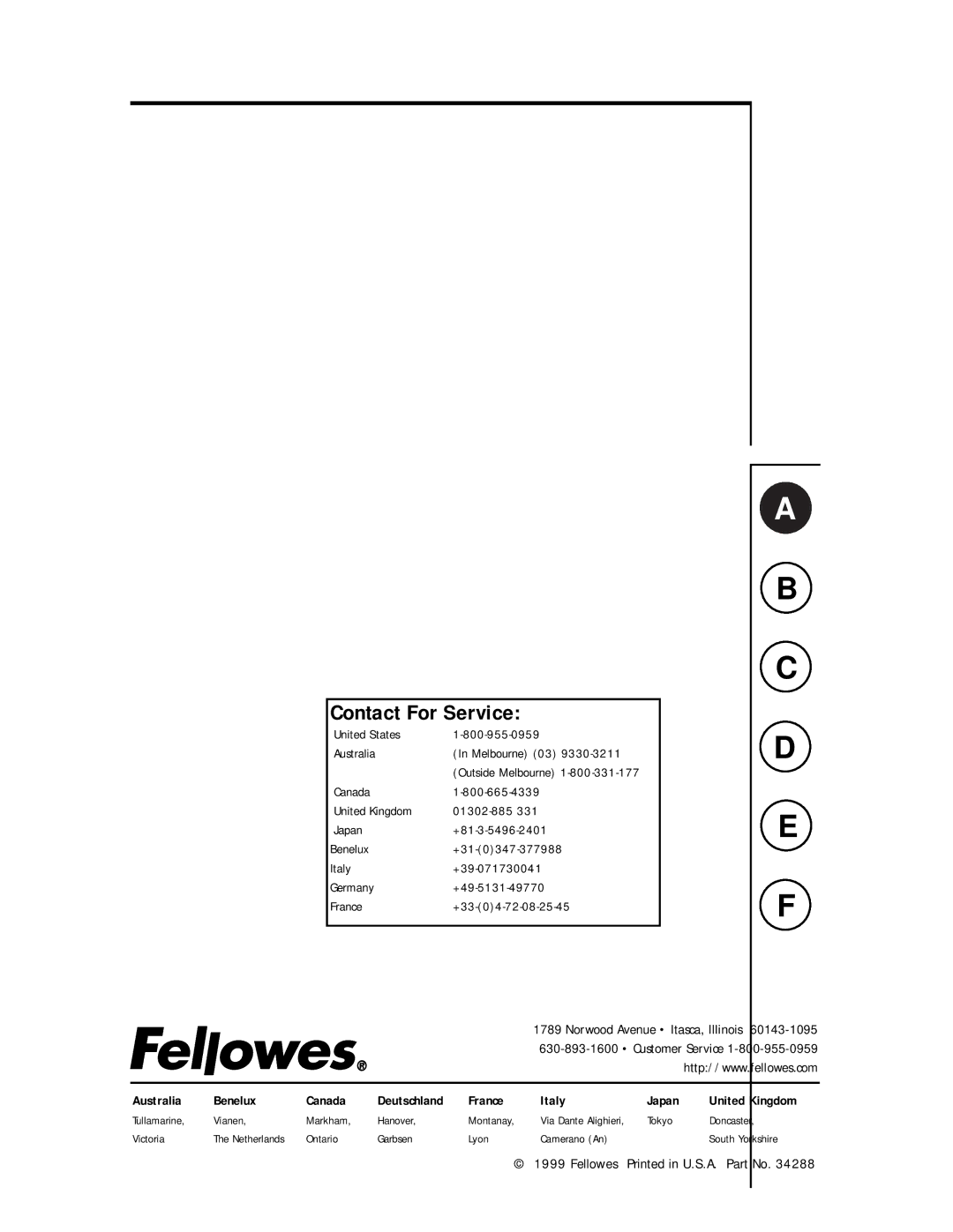 Fellowes 320CC, 280CC, 380CC operating instructions Contact For Service, Deutschland France Italy 