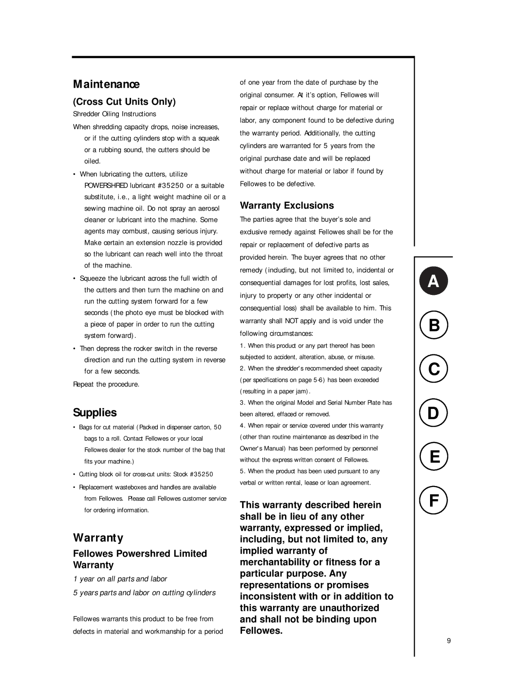 Fellowes 280CC, 380CC, 320CC operating instructions Maintenance, Supplies, Warranty 