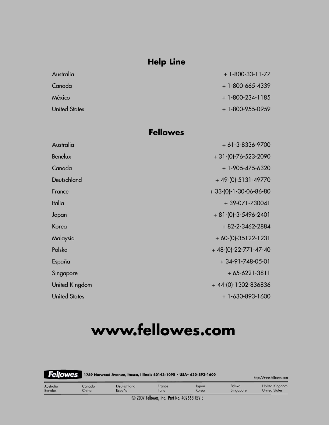 Fellowes 3011001 manual Help Line, Fellowes, Inc. Part No REV E 