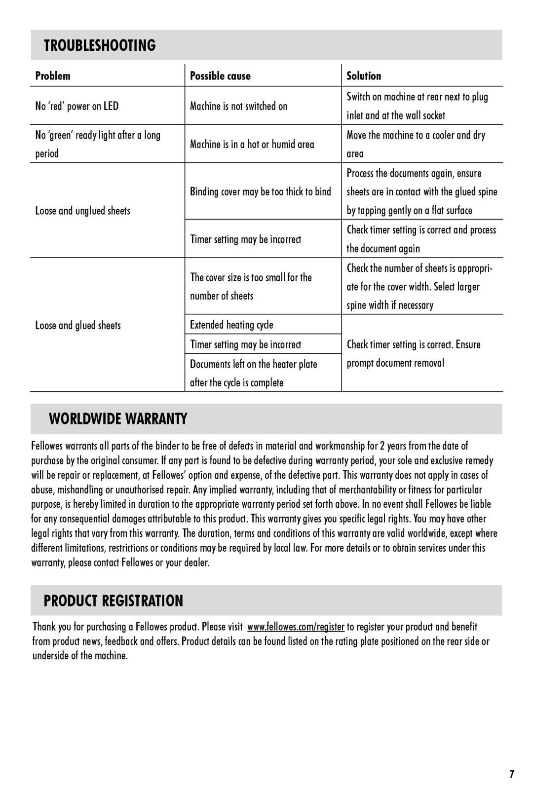 Fellowes 30TM manual Troubleshooting, Worldwide Warranty, Product Registration, Problem Possible cause Solution 