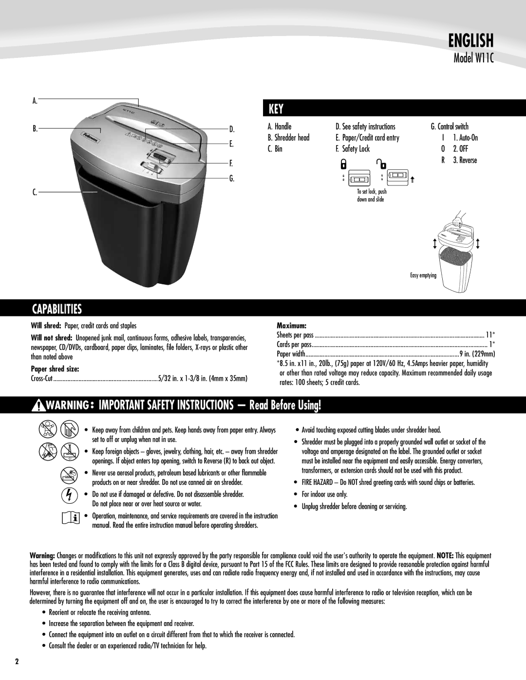 Fellowes 3103201 manual English, Key, Capabilities, Paper shred size 