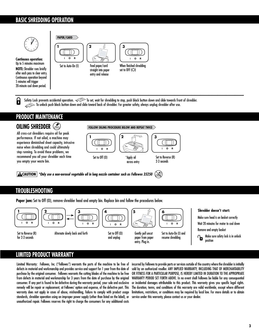 Fellowes 3103201 manual Basic Shredding Operation, Troubleshooting, Limited Product Warranty, Shredder doesn’t start 