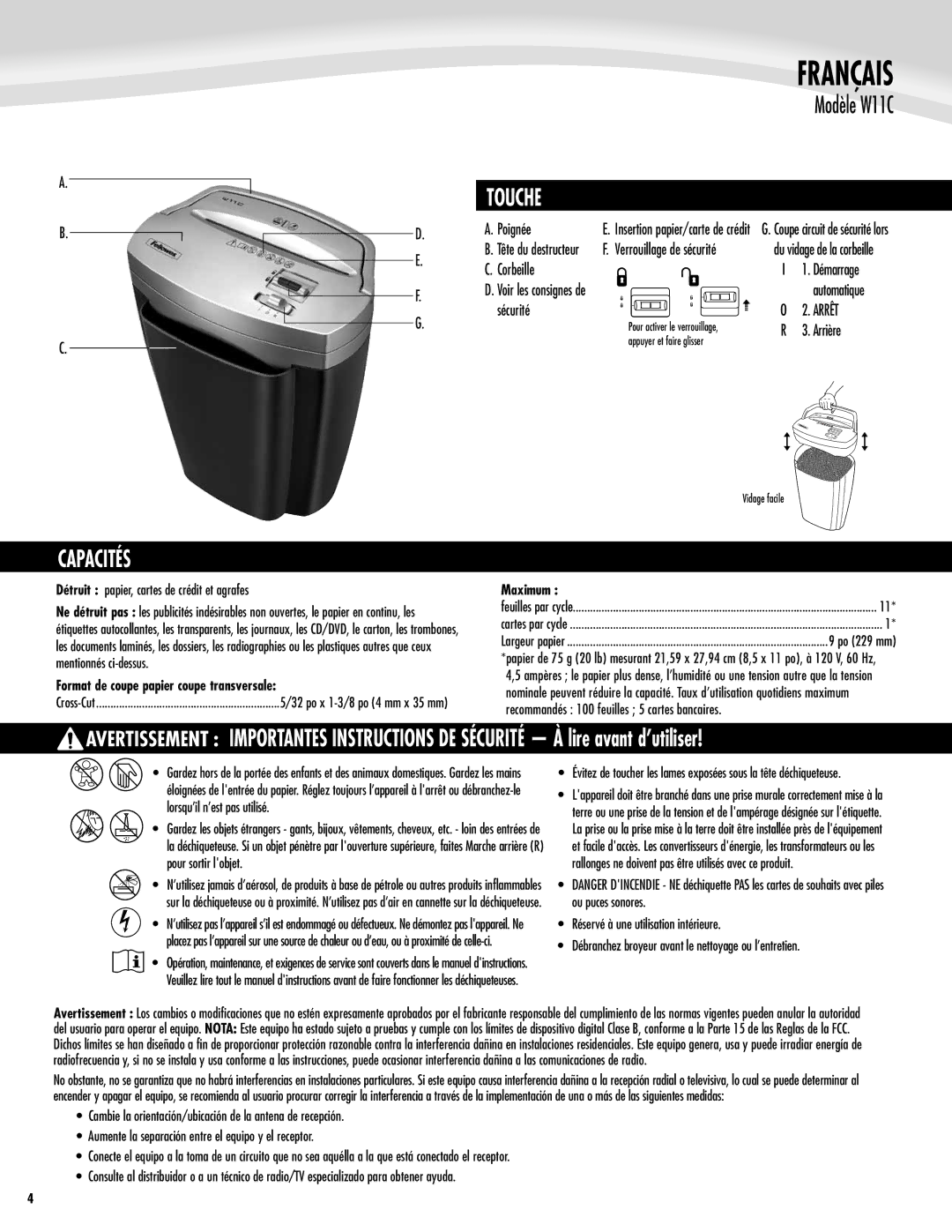 Fellowes 3103201 manual Touche, Capacités, Maximum 