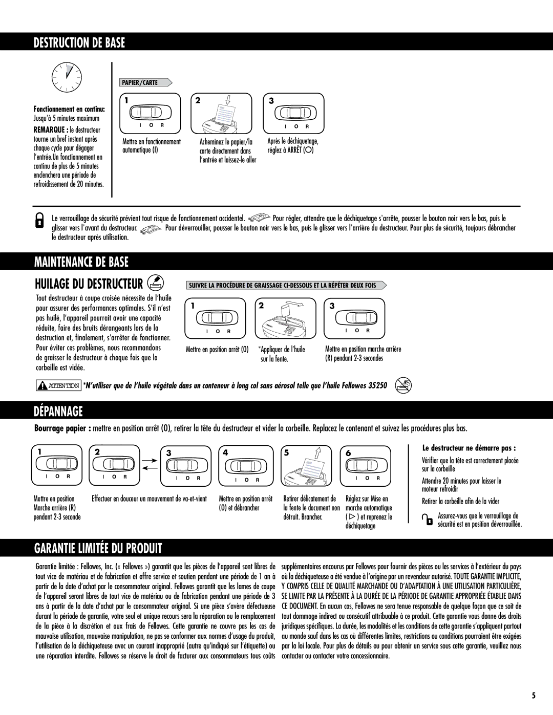 Fellowes 3103201 manual Destruction DE Base, Dépannage, Garantie Limitée DU Produit, Le destructeur ne démarre pas 