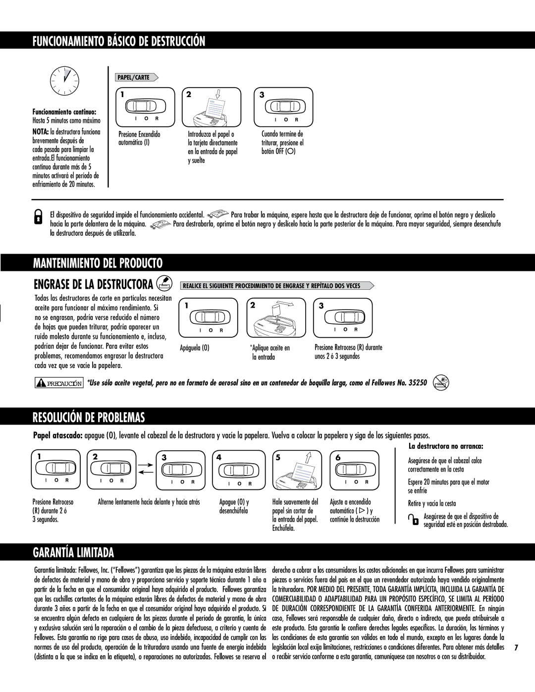 Fellowes 3103201 manual Funcionamiento Básico DE Destrucción, Resolución DE Problemas, Garantía Limitada 