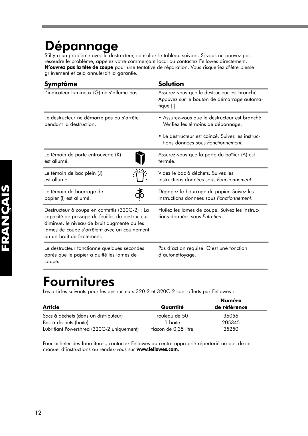 Fellowes 320-2 manual Dépannage, Fournitures, Symptôme Solution 