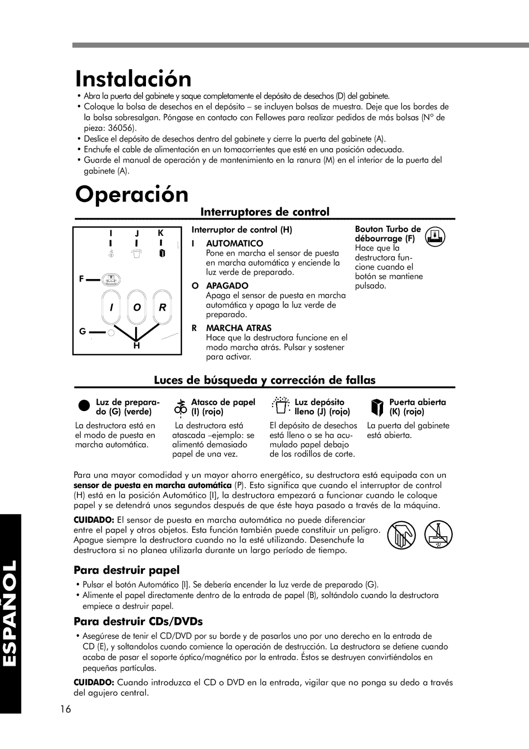 Fellowes 320-2 manual Instalación, Operación 