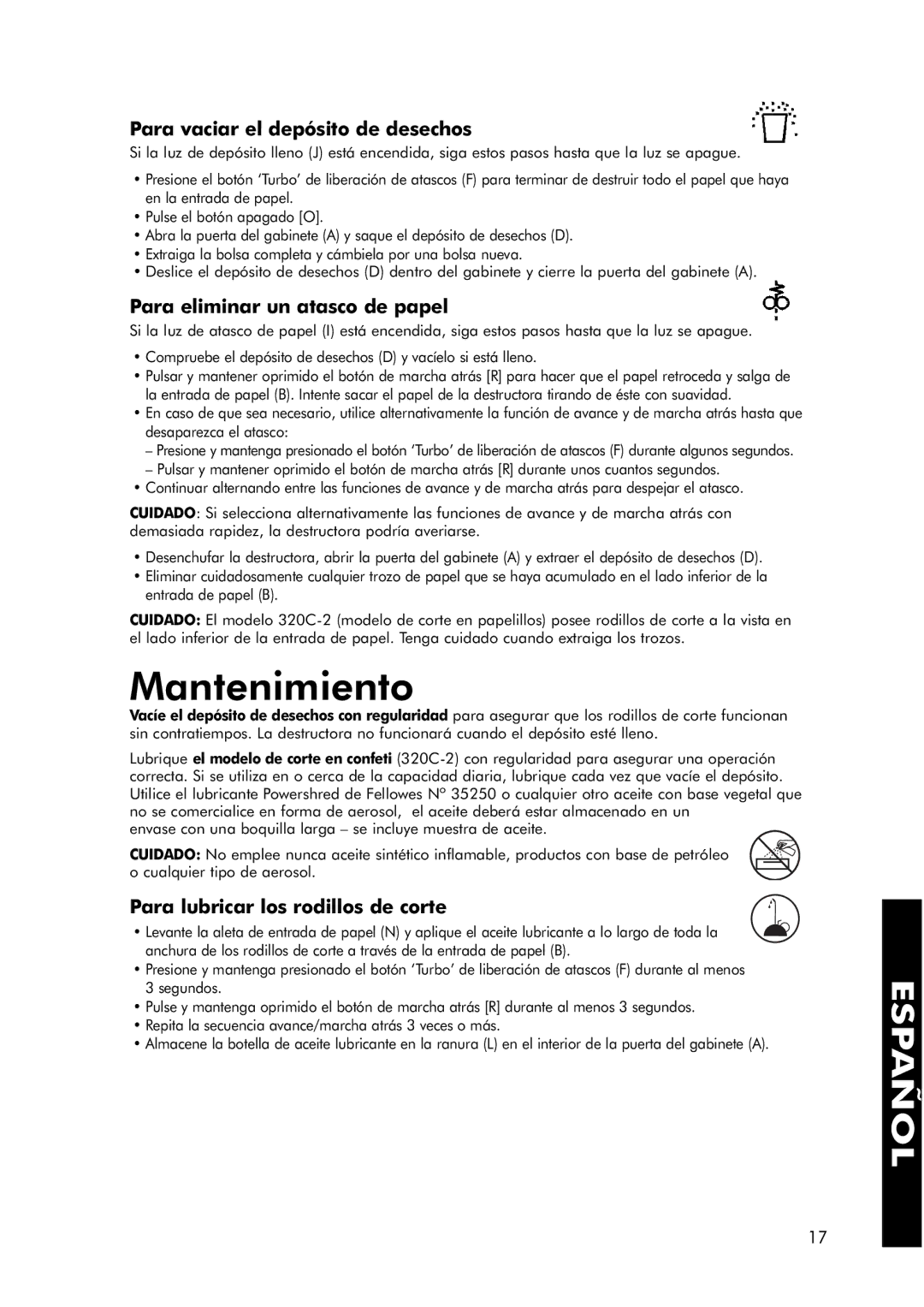 Fellowes 320-2 manual Mantenimiento, Para vaciar el depósito de desechos, Para eliminar un atasco de papel 