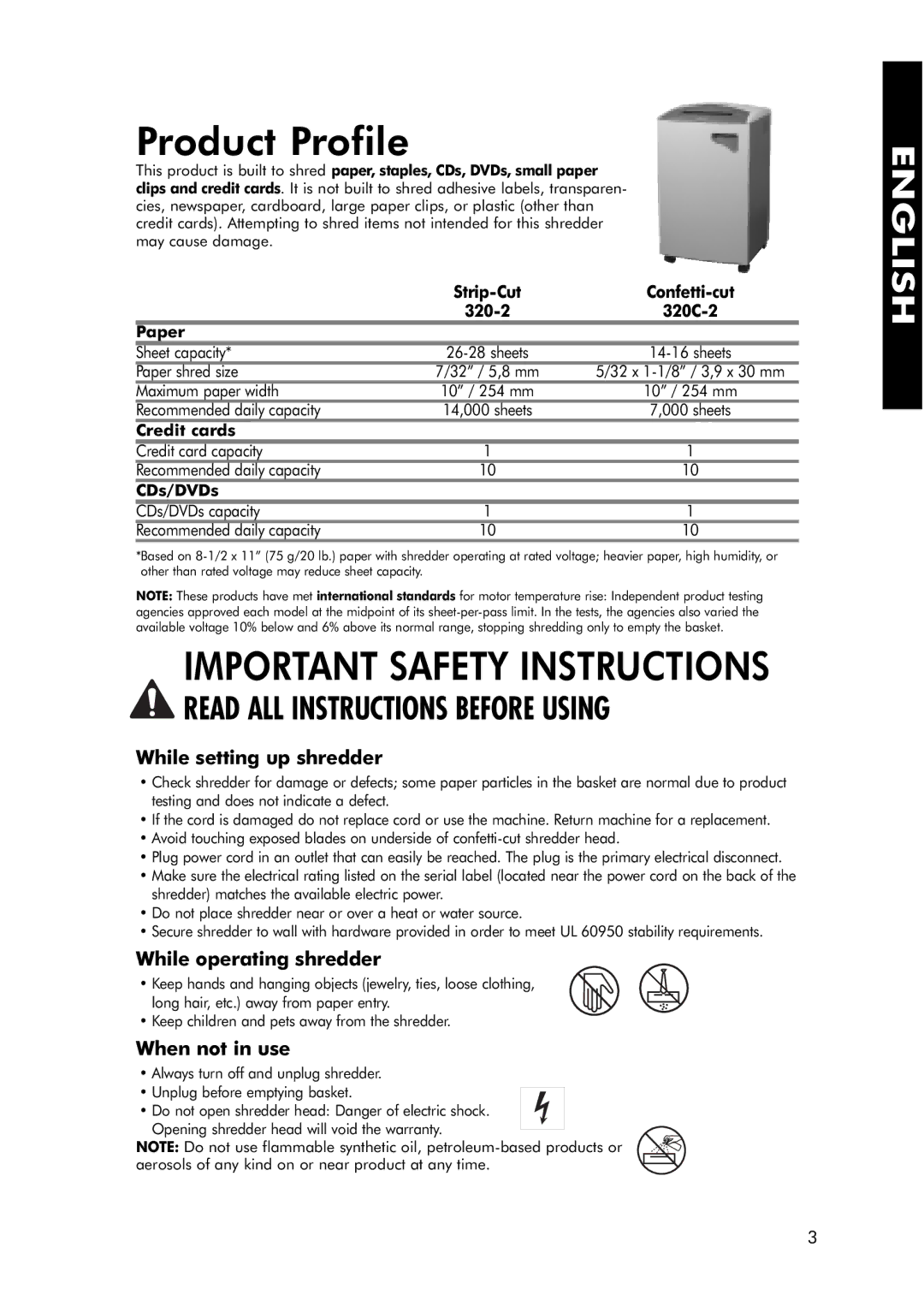 Fellowes 320-2 manual Product Profile, While setting up shredder, While operating shredder, When not in use 